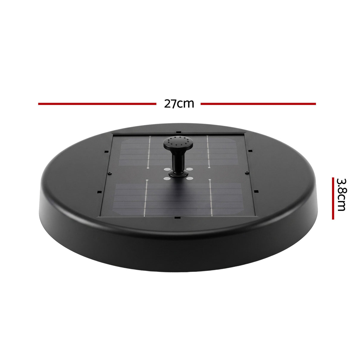 Black Gardeon floating solar fountain pump, 27cm diameter and 3.8cm high, shown with dimension markings.