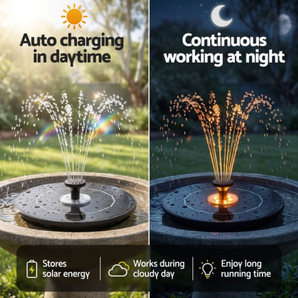 Solar Fountain Pump — Black, 27cm with Battery & Remote