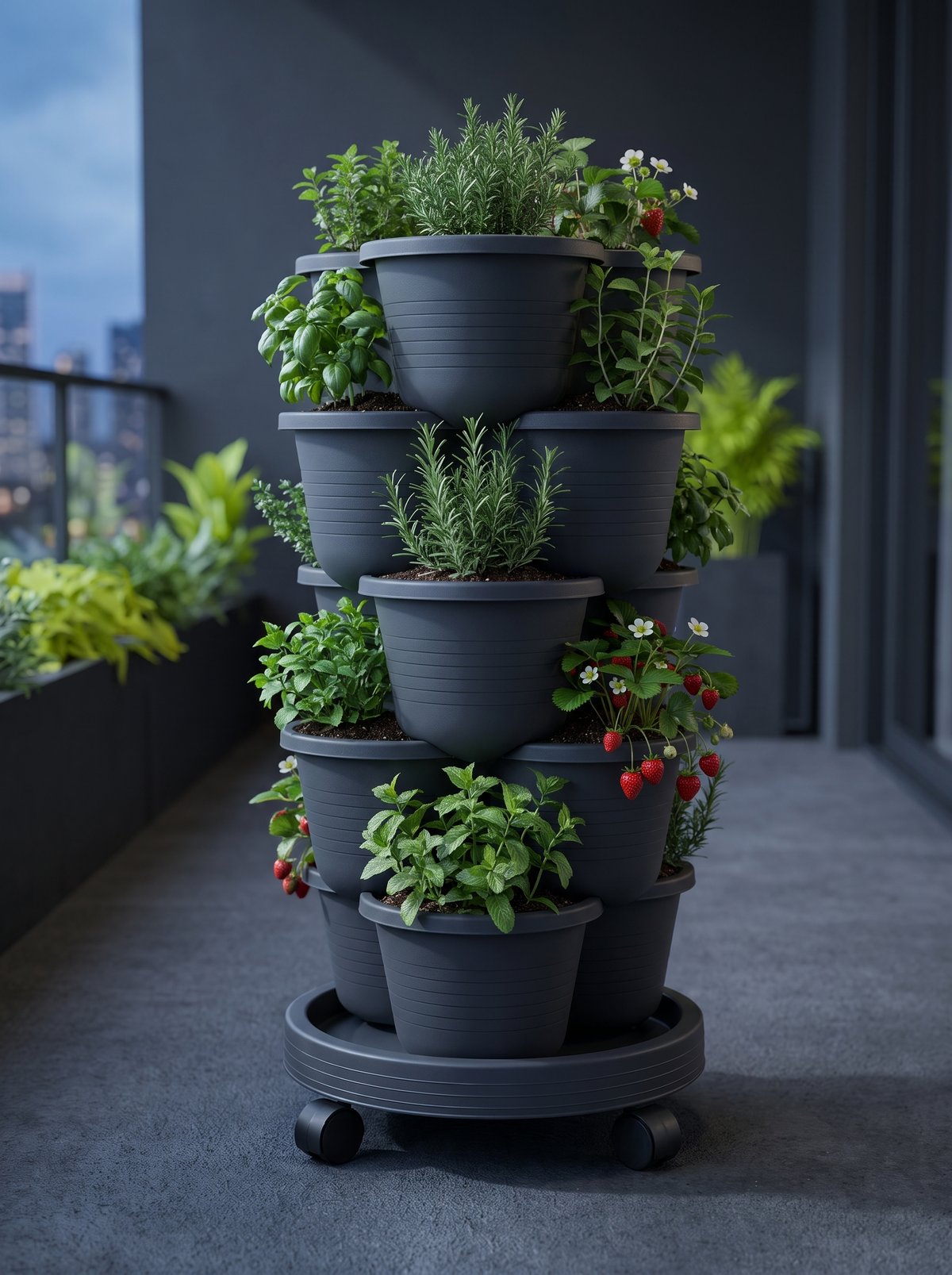 Five-Tier Vertical Garden — Dark Grey in an urban outdoor setting; plants and scene props shown for styling