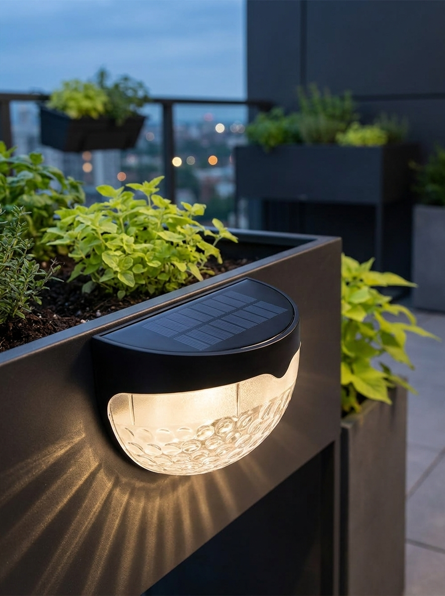 Raised Bed Solar Light — Black in an outdoor setting; scene props shown for styling