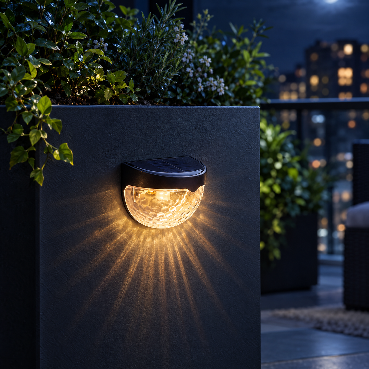 Raised Bed Solar Light — Black in a styled moonlit setting; surrounding plants and props not included
