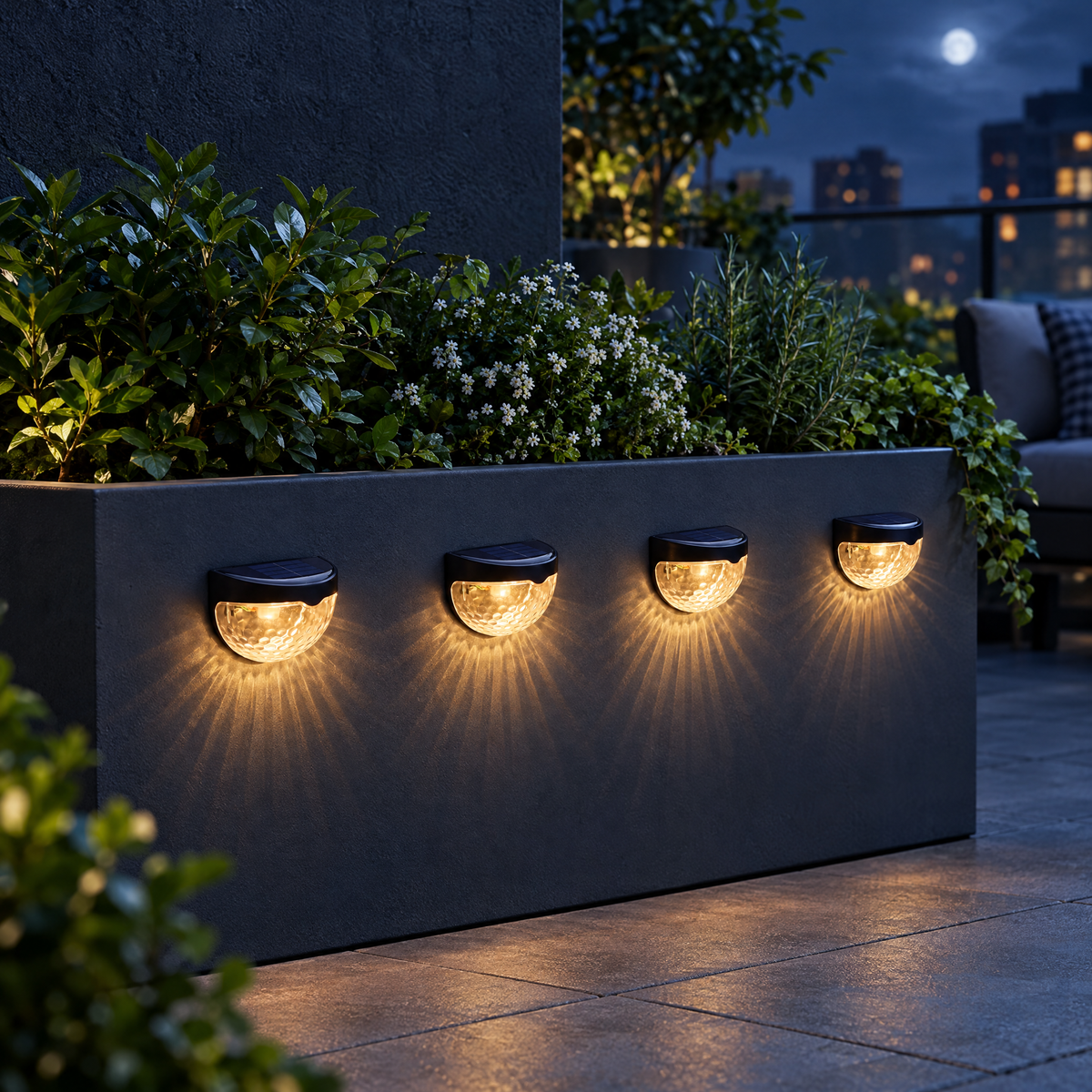 Raised Bed Solar Lights — 4 pack, Black in a styled moonlit setting; surrounding plants and props not included