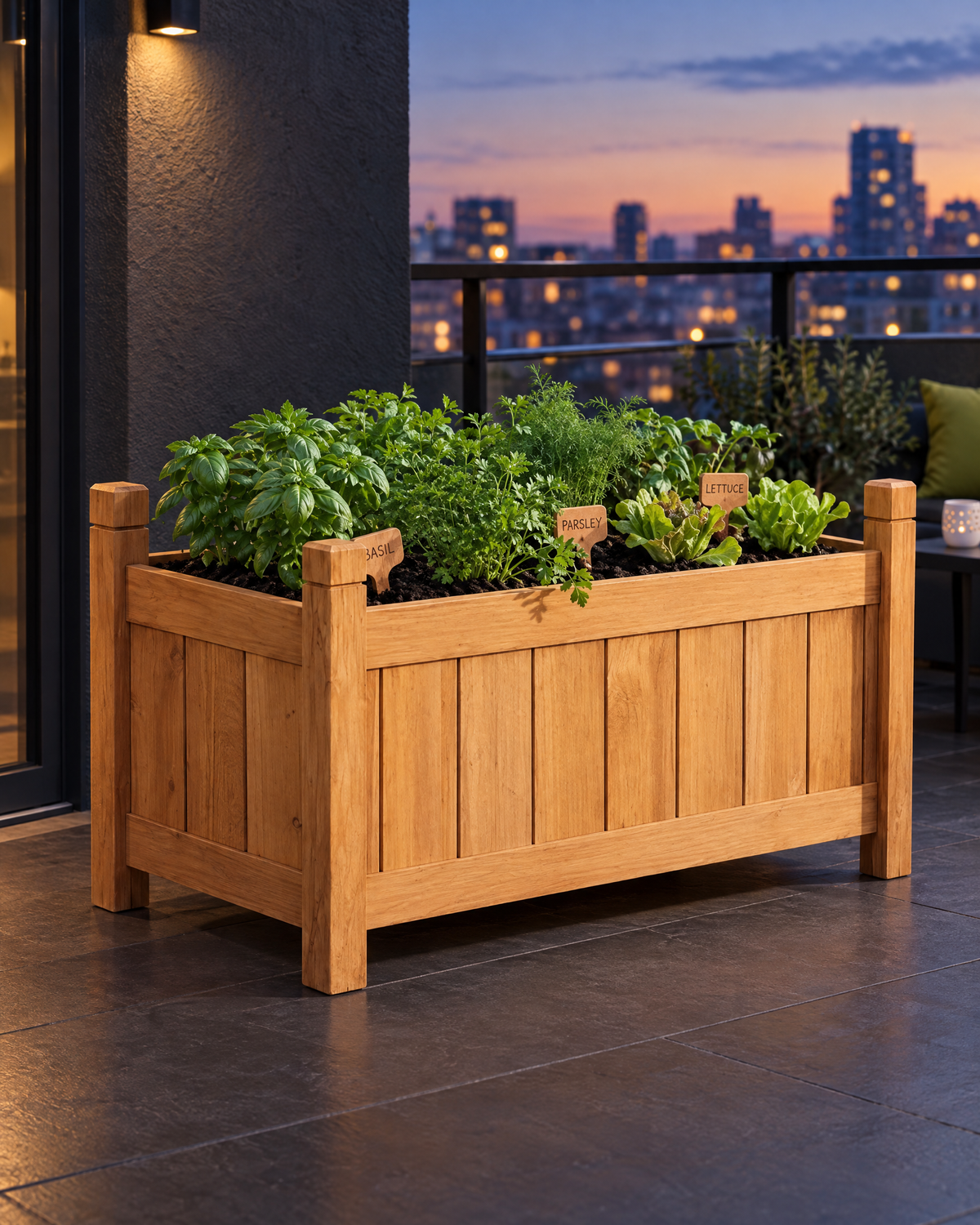 Barrow & Bloom 60cm wooden planter in a styled outdoor setting