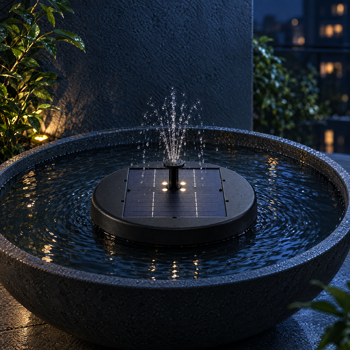 Solar Fountain Pump — Black, 27cm with Battery & Remote in a styled moonlit setting; surrounding plants and props not included