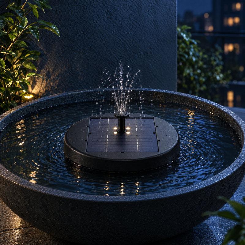 Solar Fountain Pump — Black, 27cm with Battery & Remote in a styled moonlit setting; surrounding plants and props not included
