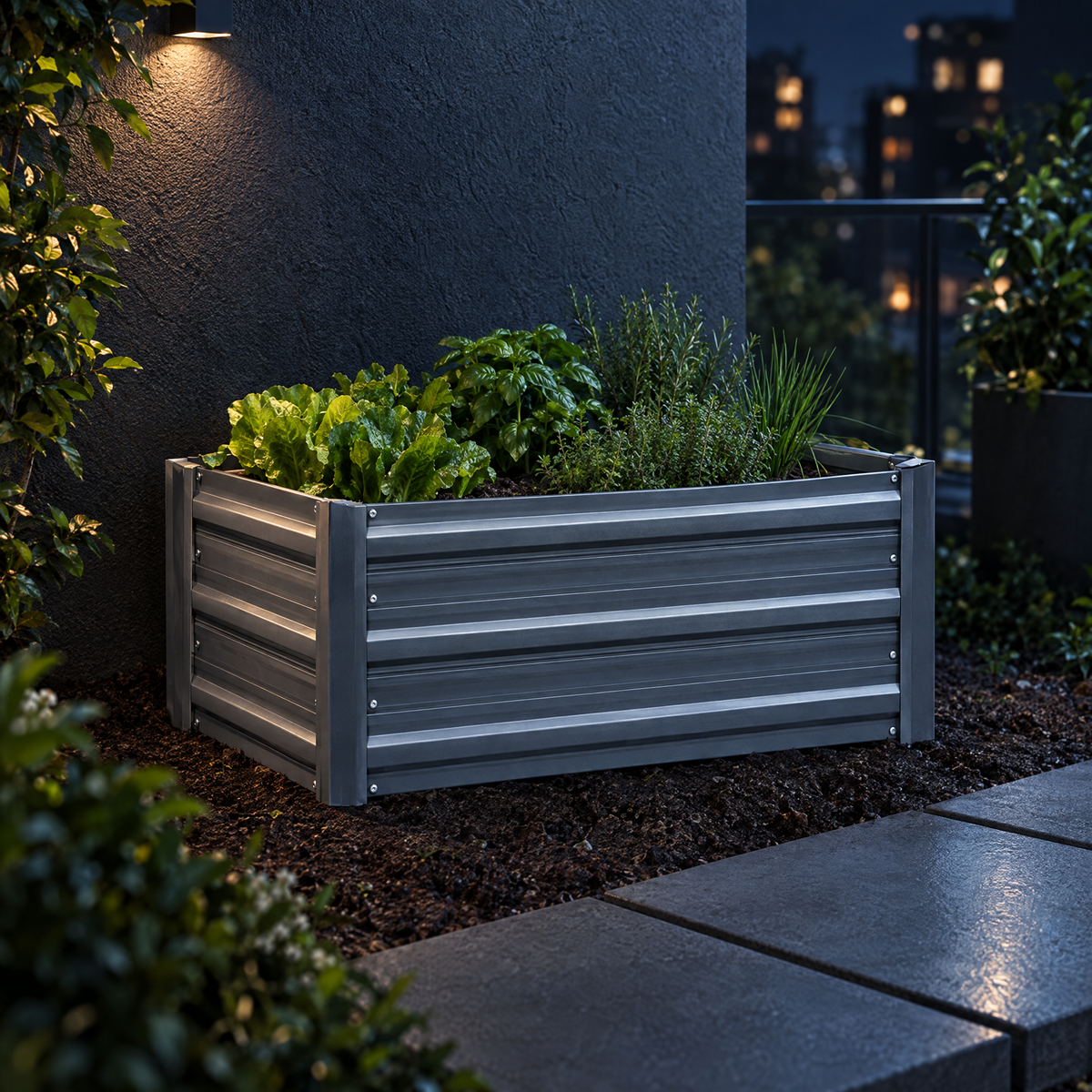 Galvanised Raised Bed — 80 × 60cm in a styled moonlit setting; surrounding plants and props not included
