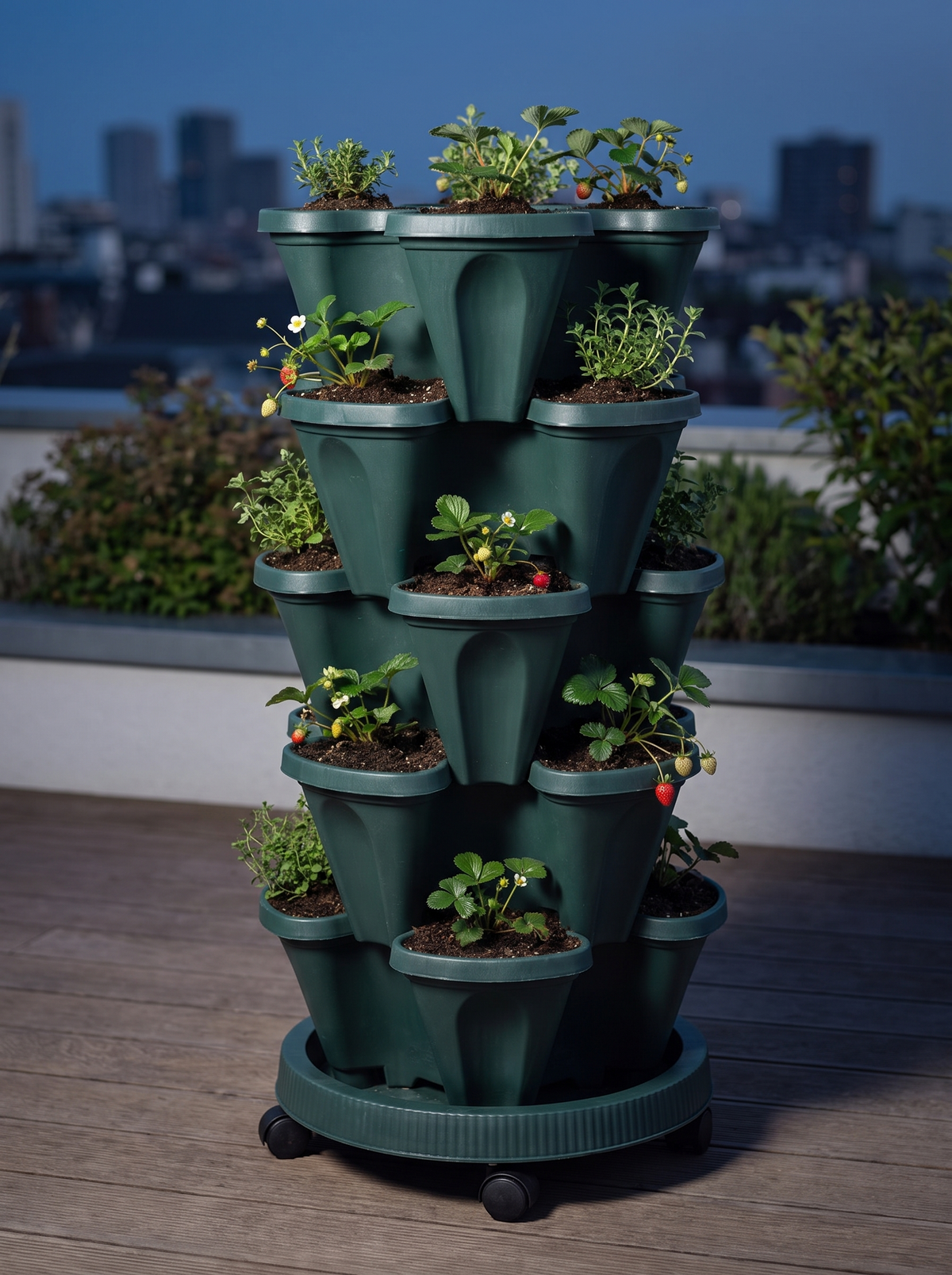 Five-Tier Strawberry Planter — Green in an outdoor setting; scene props and plants shown for styling