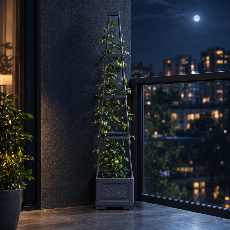 Self-Watering Planter with Trellis in a styled moonlit setting; surrounding plants and props not included