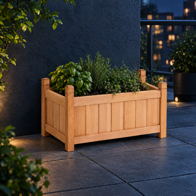 60cm wooden planter with herbs in a styled moonlit courtyard; plants and soil not included