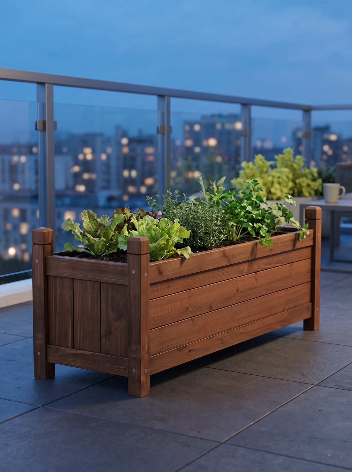 Wooden Raised Planter — 90 × 30 × 33cm in an outdoor setting; scene props and plants shown for styling