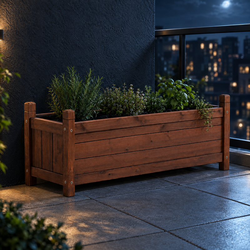 Wooden Raised Planter — 90 × 30 × 33cm in a styled moonlit setting; surrounding plants and props not included