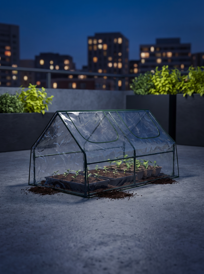 Mini Greenhouse — 1.8 × 0.9m in an outdoor setting; scene props and plants shown for styling