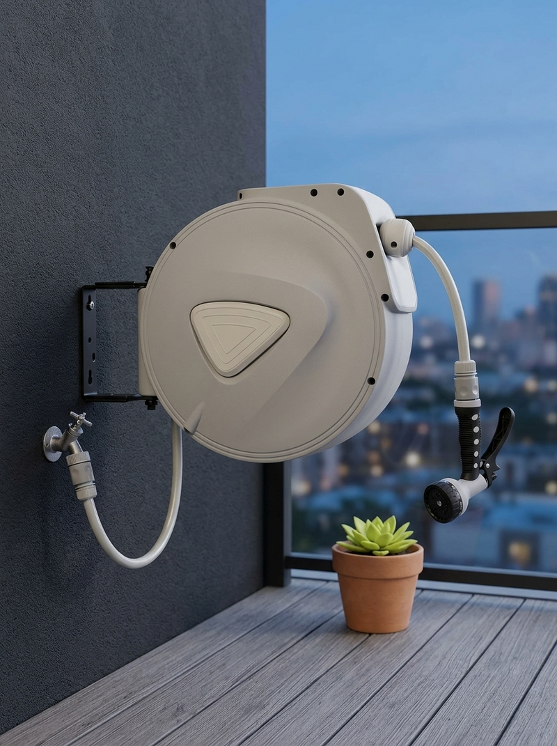 Retractable Hose Reel — 10m in an outdoor setting; scene props and plants shown for styling