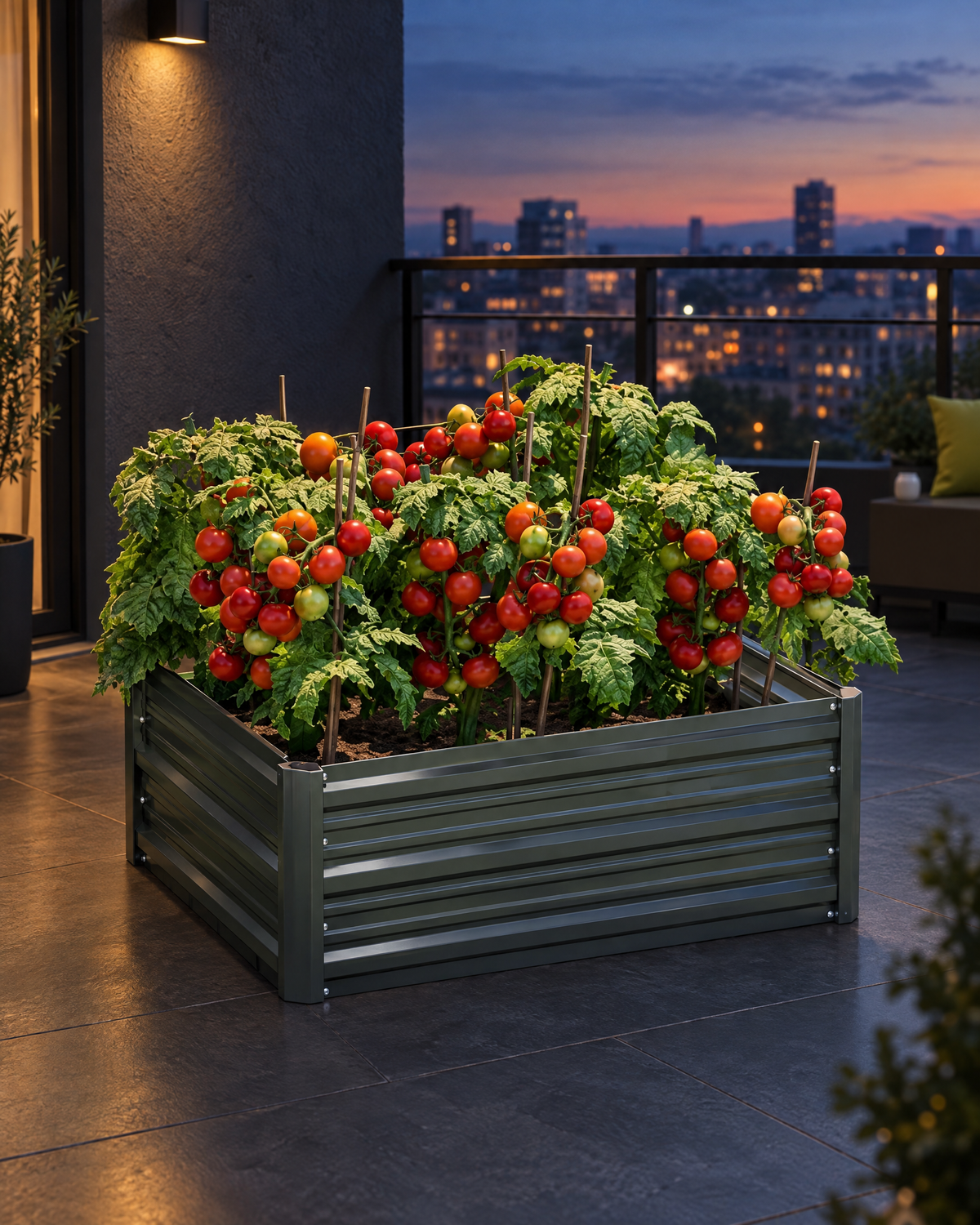 Barrow & Bloom galvanised raised garden bed in a styled outdoor setting