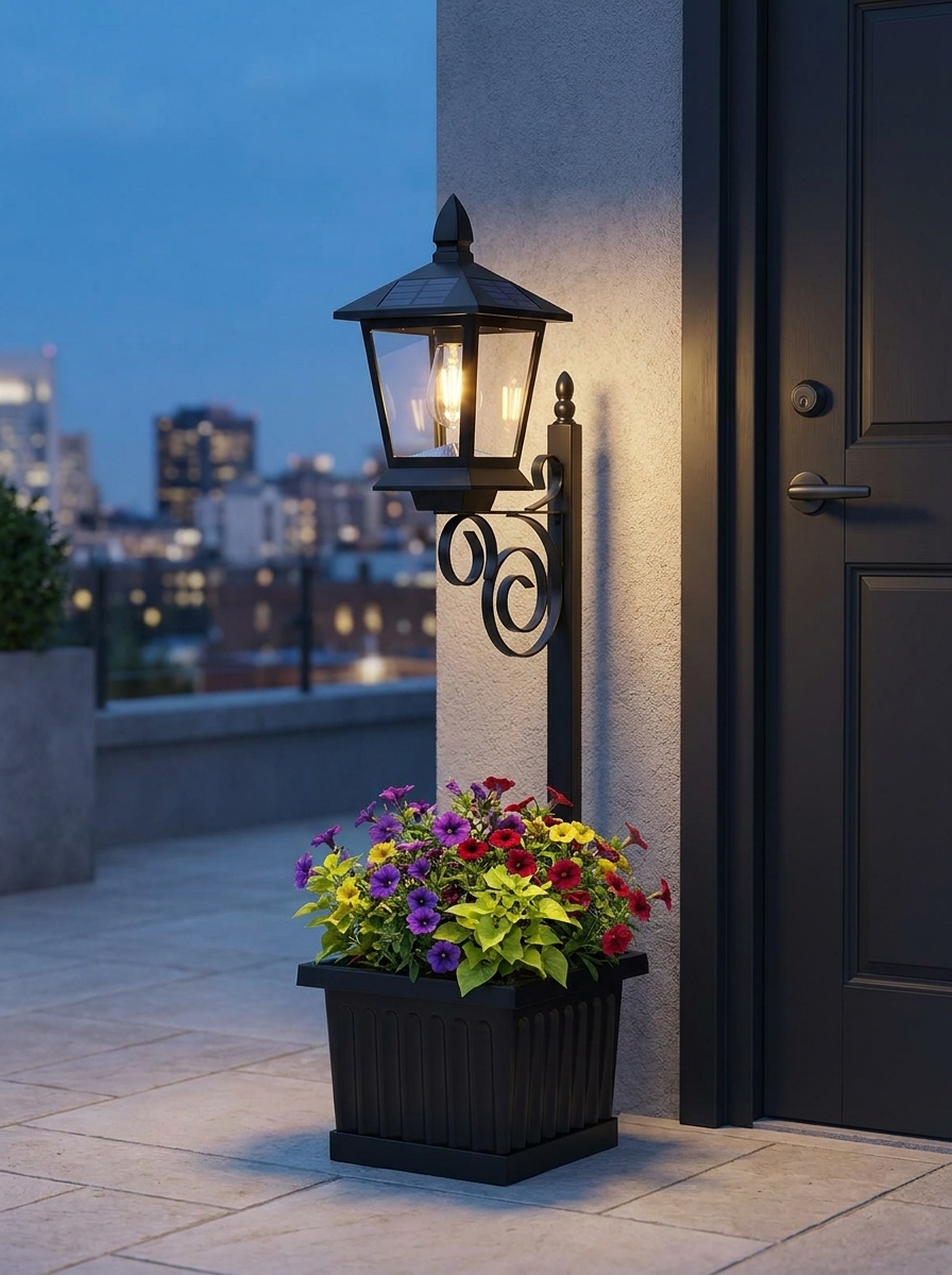 Solar Planter Light — Lamp Post or Wall in an outdoor setting; scene props shown for styling