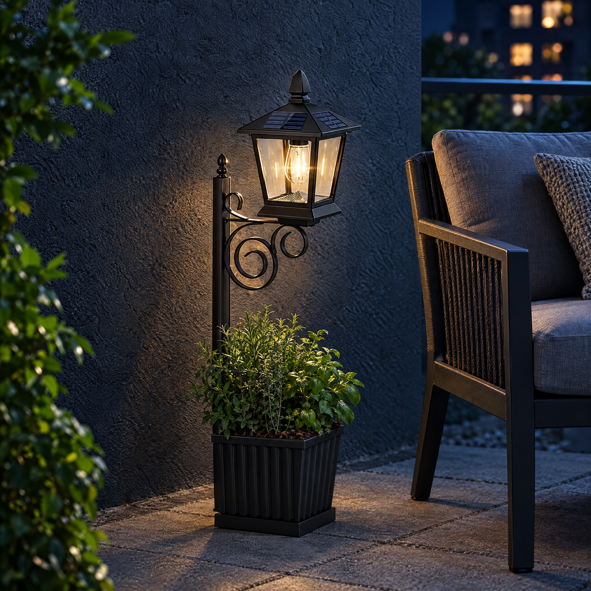 Solar Planter Light — Lamp Post or Wall in a styled moonlit setting; surrounding plants and props not included